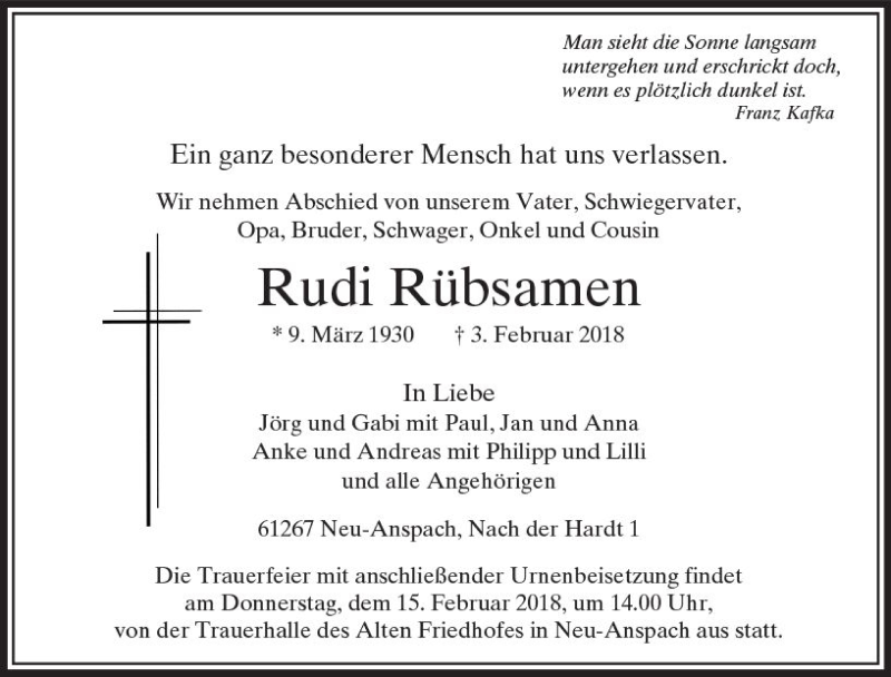  Traueranzeige für Rudi Rübsamen vom 10.02.2018 aus  Usinger Anzeiger