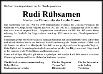 Traueranzeige von Rudi Rübsamen von  Usinger Anzeiger