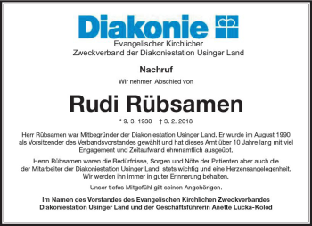 Traueranzeige von Rudi Rübsamen von  Usinger Anzeiger