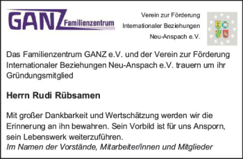 Traueranzeige von Rudi Rübsamen von  Usinger Anzeiger