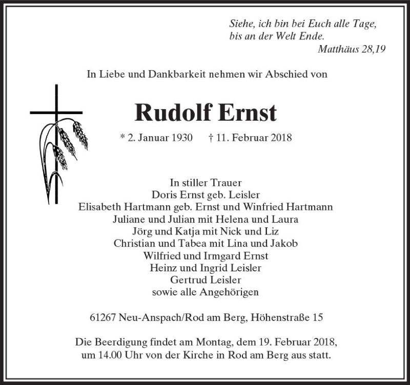  Traueranzeige für Rudolf Ernst vom 14.02.2018 aus  Usinger Anzeiger