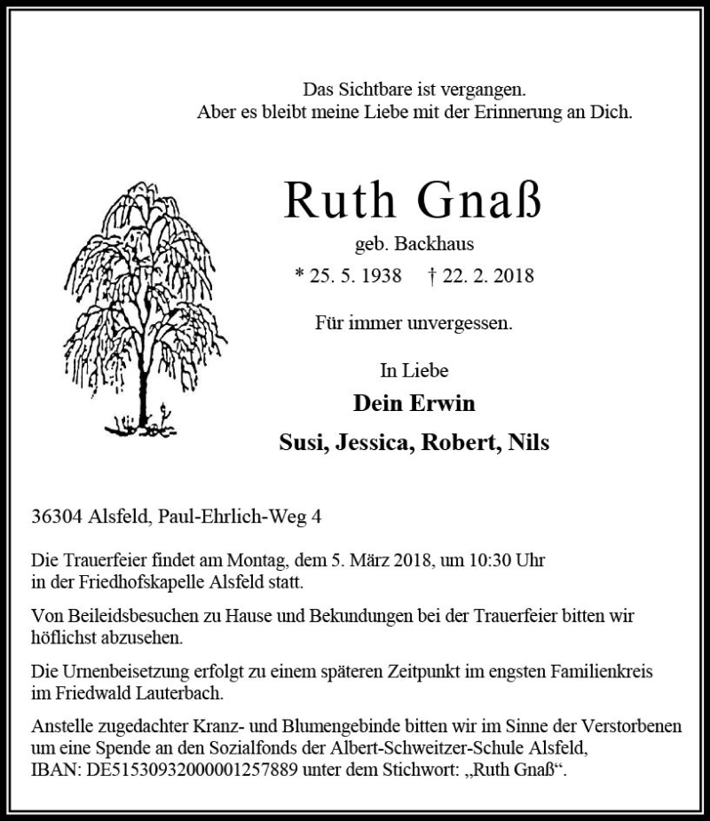  Traueranzeige für Ruth Gnaß vom 28.02.2018 aus VRM Trauer