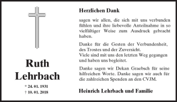Traueranzeige von Ruth Lehrbach von Trauerportal Rhein Main Presse