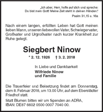 Traueranzeige von Siegbert Ninow von Trauerportal Rhein Main Presse