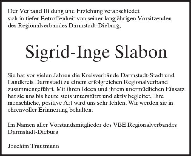  Traueranzeige für Sigrid-Inge Slabon vom 17.02.2018 aus Trauerportal Rhein Main Presse