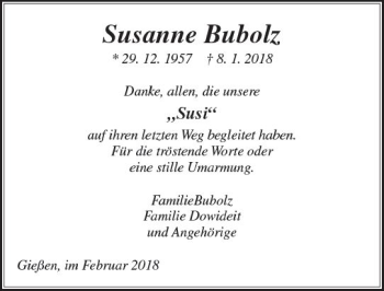 Traueranzeige von Susanne Bubolz von  Gießener Anzeiger