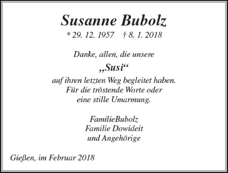  Traueranzeige für Susanne Bubolz vom 03.02.2018 aus  Gießener Anzeiger