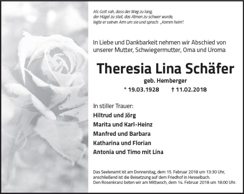  Traueranzeige für Theresia Lina Schäfer vom 14.02.2018 aus Trauerportal Rhein Main Presse