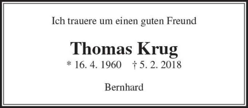  Traueranzeige für Thomas Krug vom 14.02.2018 aus  Gießener Anzeiger
