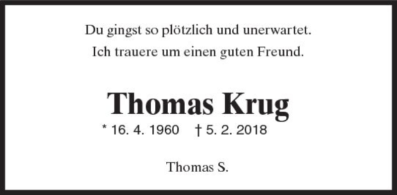  Traueranzeige für Thomas Krug vom 20.02.2018 aus  Gießener Anzeiger