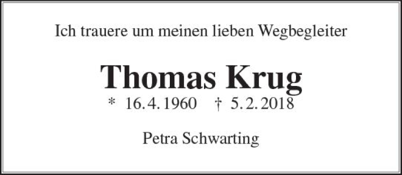  Traueranzeige für Thomas Krug vom 20.02.2018 aus  Gießener Anzeiger
