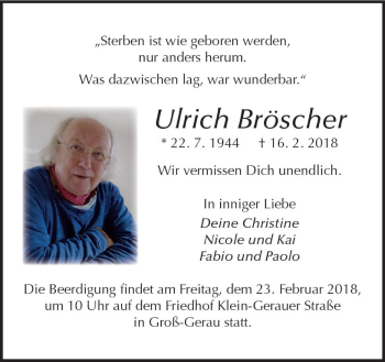 Traueranzeige von Ulrich Bröscher von Trauerportal Rhein Main Presse