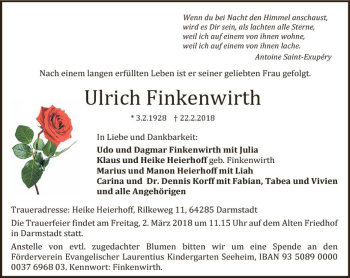 Traueranzeige von Ulrich Finkenwirth von Trauerportal Rhein Main Presse