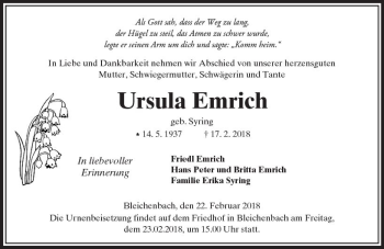 Traueranzeige von Ursula Emrich von  Kreisanzeiger