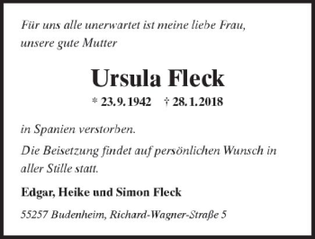 Traueranzeige von Ursula Fleck von Trauerportal Rhein Main Presse