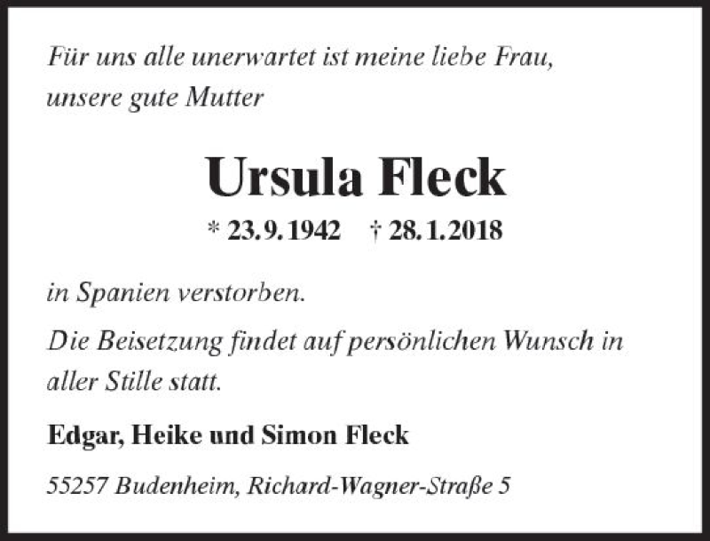  Traueranzeige für Ursula Fleck vom 17.02.2018 aus Trauerportal Rhein Main Presse