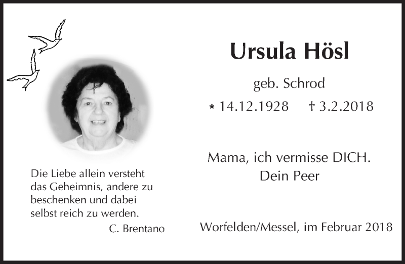  Traueranzeige für Ursula Hösl vom 10.02.2018 aus Trauerportal Rhein Main Presse