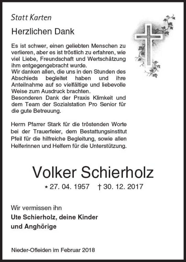  Traueranzeige für Volker Schierholz vom 17.02.2018 aus VRM Trauer