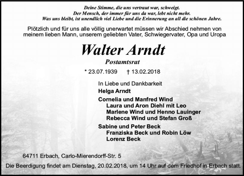  Traueranzeige für Walter Arndt vom 17.02.2018 aus Trauerportal Rhein Main Presse