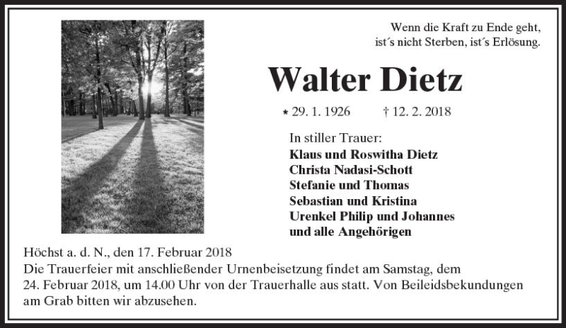  Traueranzeige für Walter Dietz vom 17.02.2018 aus  Kreisanzeiger