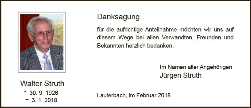  Traueranzeige für Walter Struth vom 10.02.2018 aus VRM Trauer