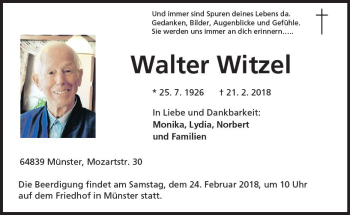 Traueranzeige von Walter Witzel von Trauerportal Rhein Main Presse