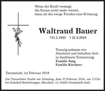 Traueranzeige von Waltraud Bauer von Trauerportal Rhein Main Presse