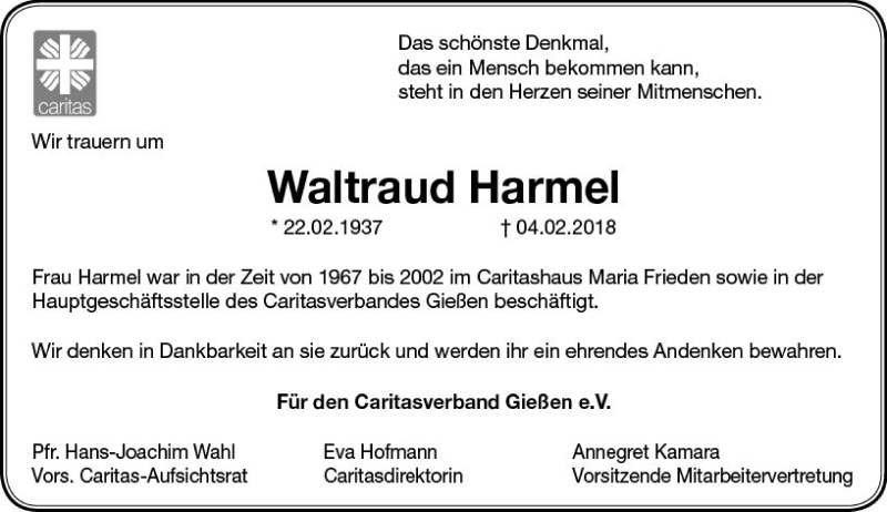  Traueranzeige für Waltraud Harmel vom 10.02.2018 aus  Gießener Anzeiger