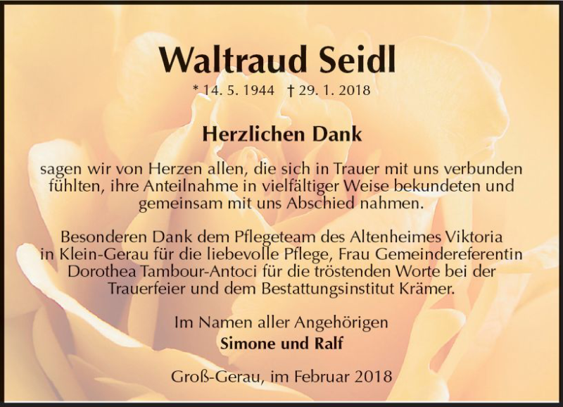  Traueranzeige für Waltraud Seidl vom 17.02.2018 aus Trauerportal Rhein Main Presse