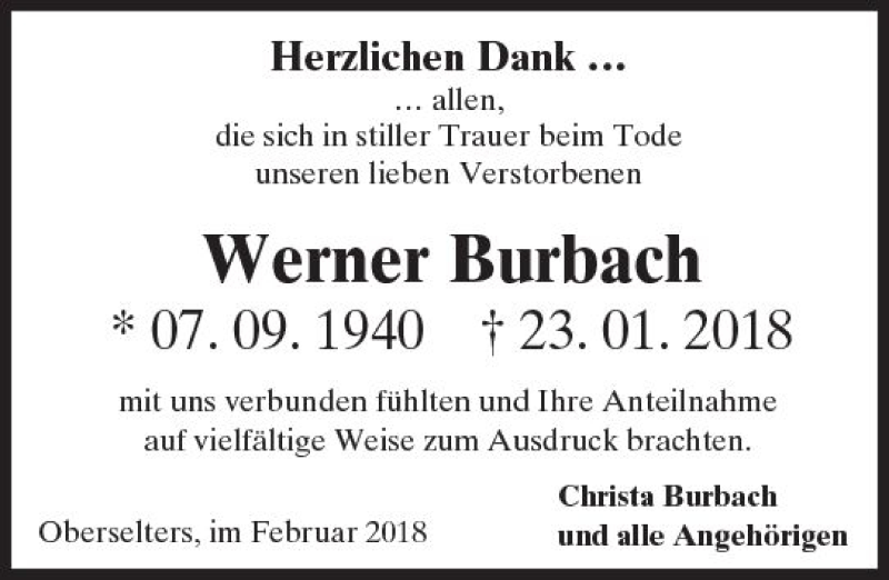  Traueranzeige für Werner Burbach vom 22.02.2018 aus  Camberger Anzeiger