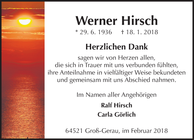  Traueranzeige für Werner Hirsch vom 10.02.2018 aus Trauerportal Rhein Main Presse