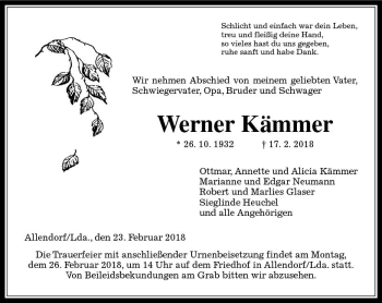 Traueranzeige von Werner Kämmer von  Gießener Anzeiger