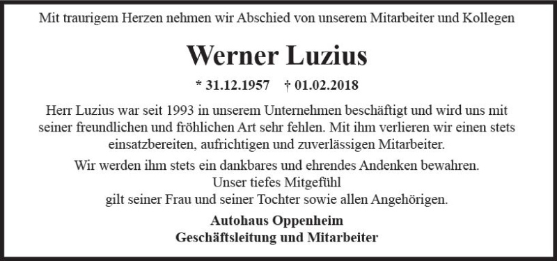  Traueranzeige für Werner Luzius vom 07.02.2018 aus Trauerportal Rhein Main Presse