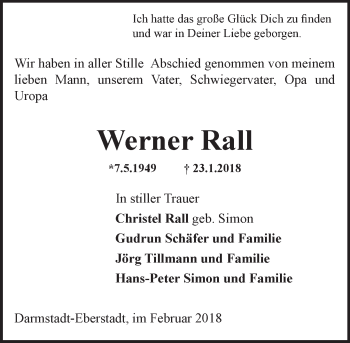 Traueranzeige von Werner Rall von Trauerportal Rhein Main Presse