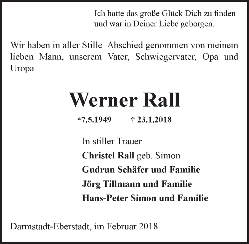  Traueranzeige für Werner Rall vom 10.02.2018 aus Trauerportal Rhein Main Presse