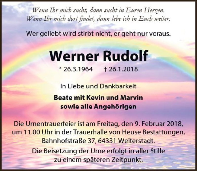  Traueranzeige für Werner Rudolf vom 03.02.2018 aus Trauerportal Rhein Main Presse