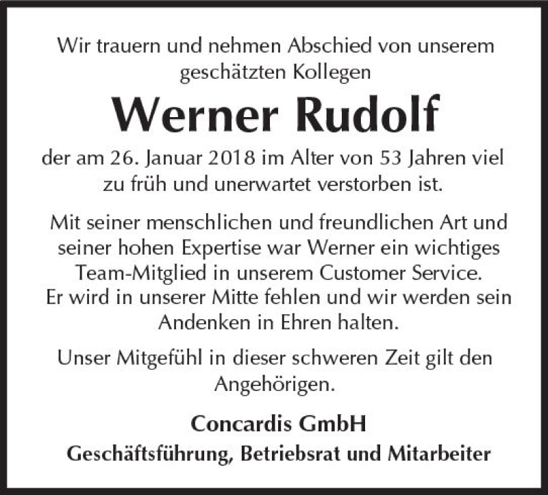  Traueranzeige für Werner Rudolf vom 03.02.2018 aus Trauerportal Rhein Main Presse