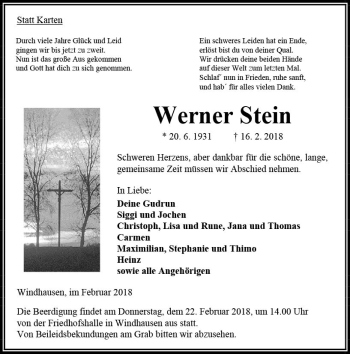 Traueranzeige von Werner Stein von VRM Trauer