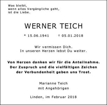 Traueranzeige von Werner Teich von  Gießener Anzeiger