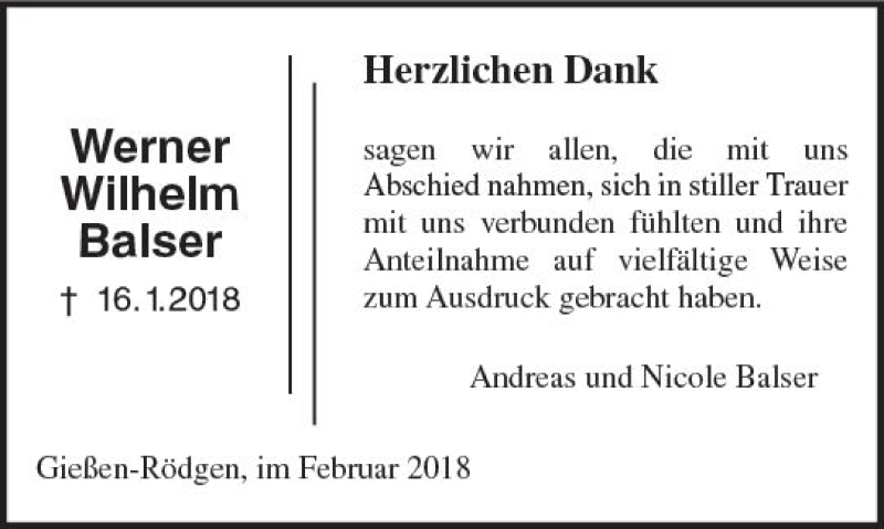 Traueranzeige für Werner Wilhelm Balser vom 17.02.2018 aus  Gießener Anzeiger