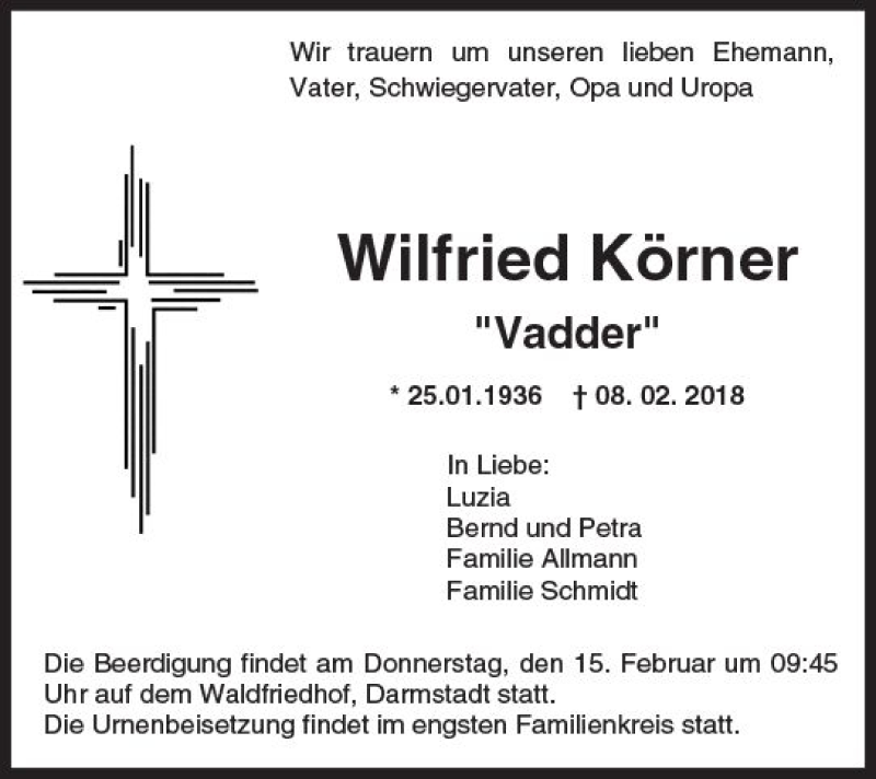  Traueranzeige für Wilfried Körner vom 13.02.2018 aus Trauerportal Rhein Main Presse