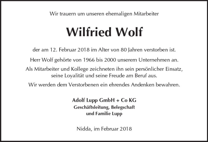  Traueranzeige für Wilfried Wolf vom 17.02.2018 aus  Kreisanzeiger