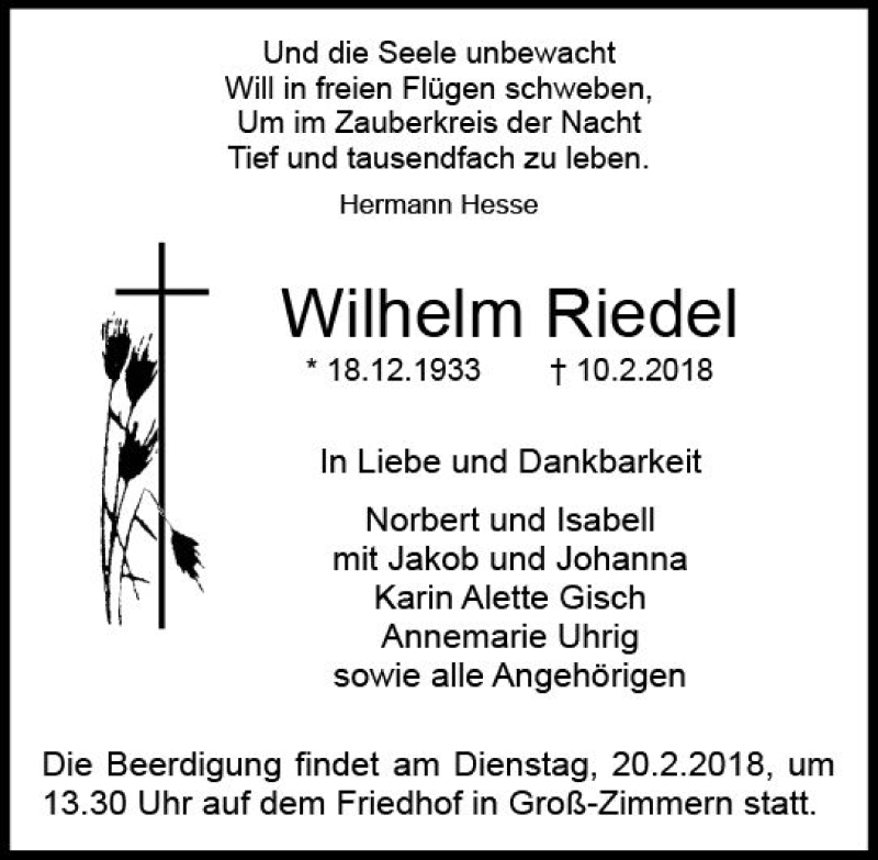  Traueranzeige für Wilhelm Riedel vom 17.02.2018 aus Trauerportal Rhein Main Presse