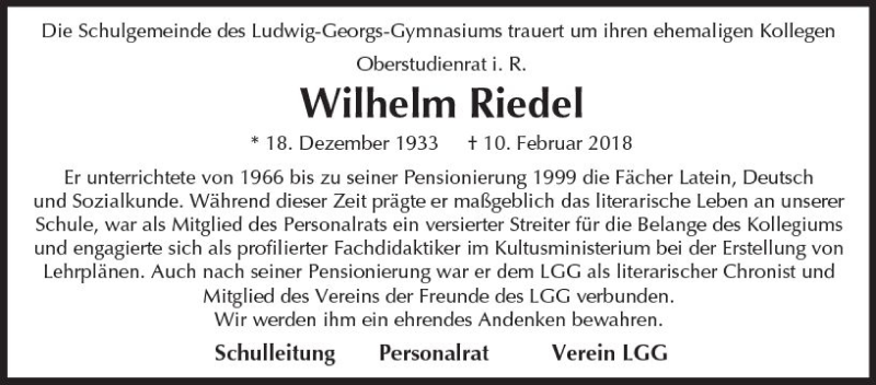  Traueranzeige für Wilhelm Riedel vom 21.02.2018 aus Trauerportal Rhein Main Presse