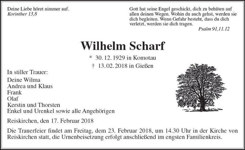  Traueranzeige für Wilhelm Scharf vom 17.02.2018 aus  Gießener Anzeiger