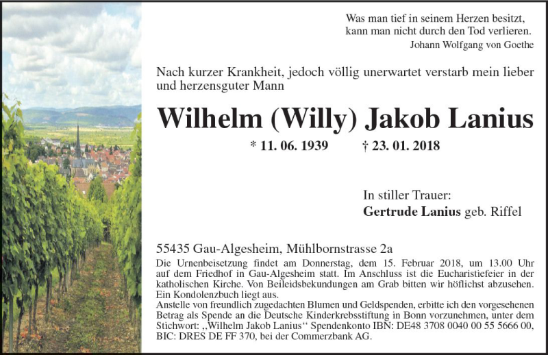  Traueranzeige für Wilhelm Jakob Lanius vom 12.02.2018 aus Trauerportal Rhein Main Presse