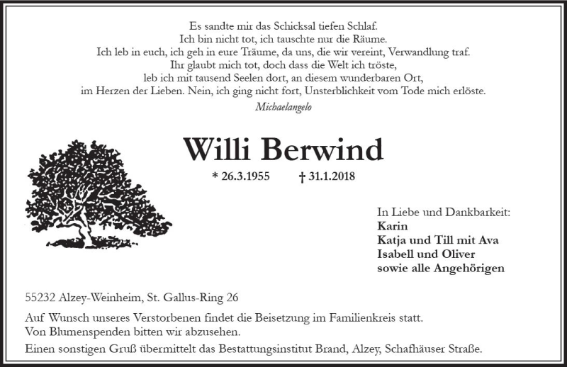  Traueranzeige für Willi Berwind vom 03.02.2018 aus Trauerportal Rhein Main Presse