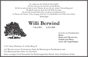 Traueranzeige von Willi Berwind von Trauerportal Rhein Main Presse
