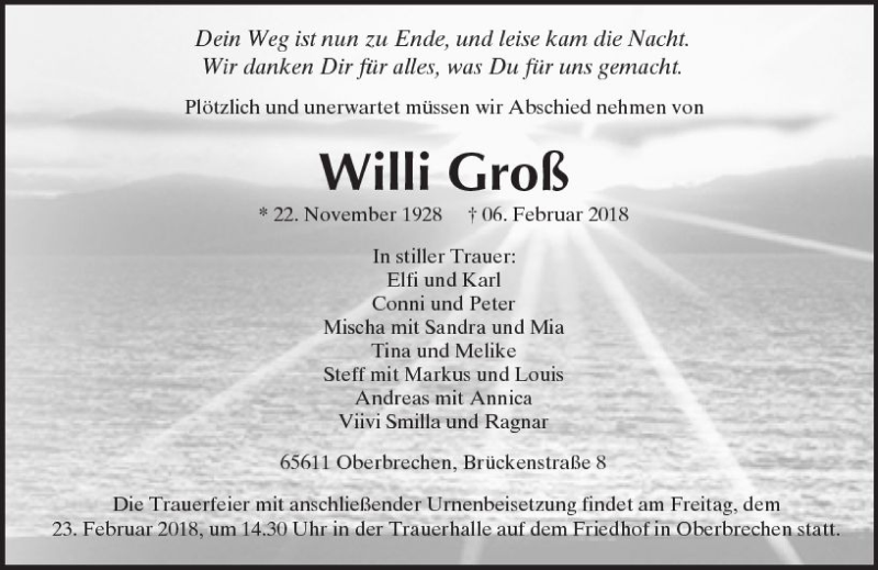  Traueranzeige für Willi Groß vom 15.02.2018 aus  Camberger Anzeiger