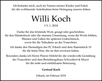 Traueranzeige von Willi Koch von Trauerportal Rhein Main Presse